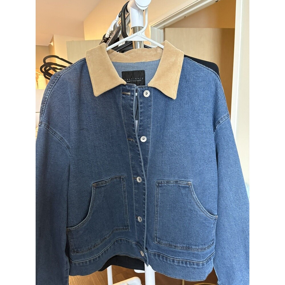 Sanctuary sz M Denim barn Chore Jacket Blue Corduroy Collar oversized 90s